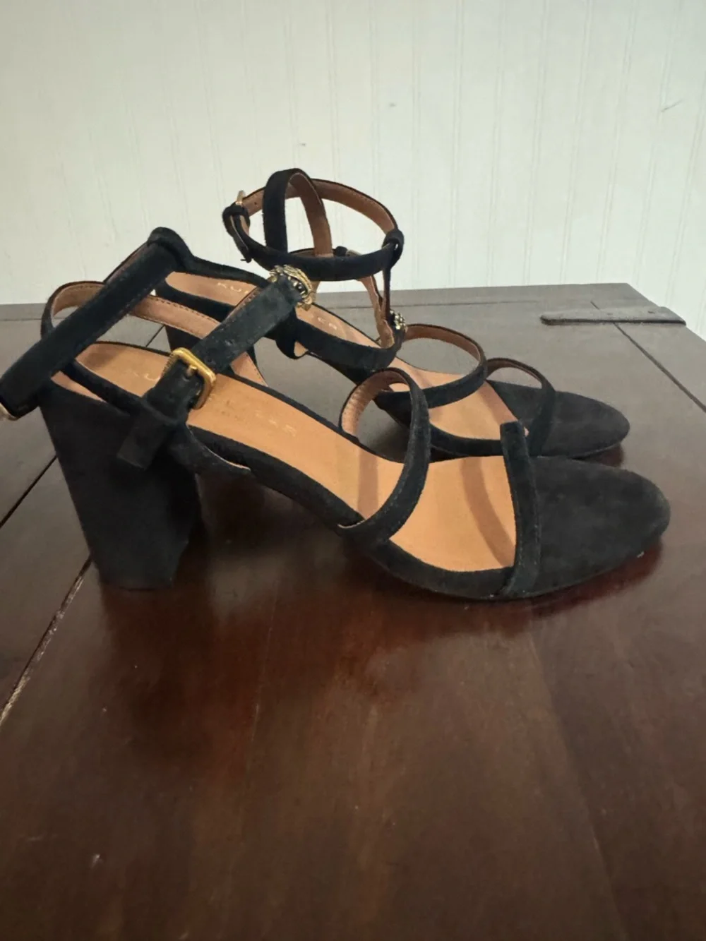 Kurt Geiger Black Strappy Velvet Block Heel Sandal with Gold Accents - Picture 3 of 7